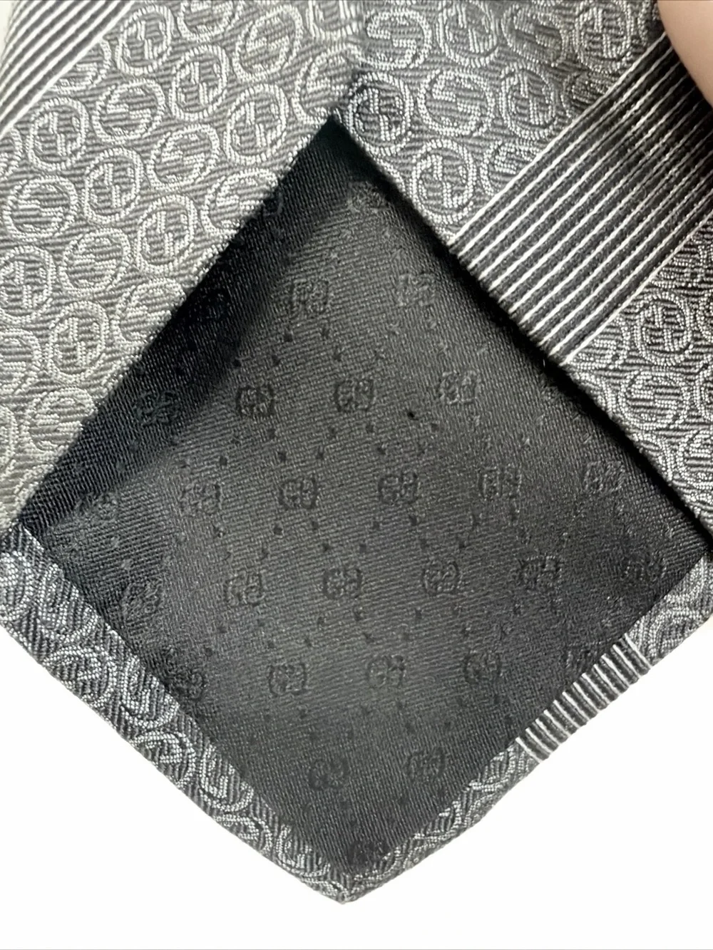 Gucci Classic Dark Grey Men's Textured Stripe and GG Tie NWT